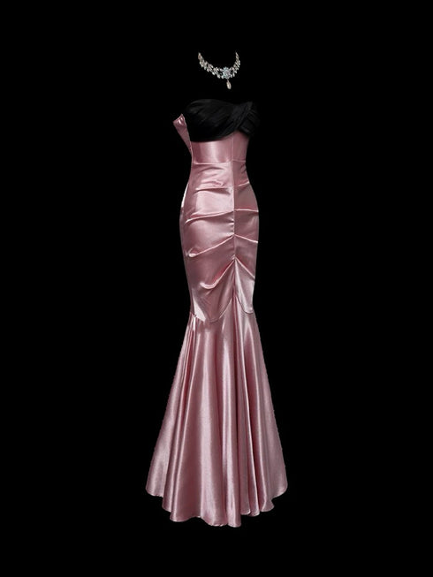Pink and Black Strapless Evening Dress - Satin Evening Dress - Mermaid Style Evening Gown Plus Size